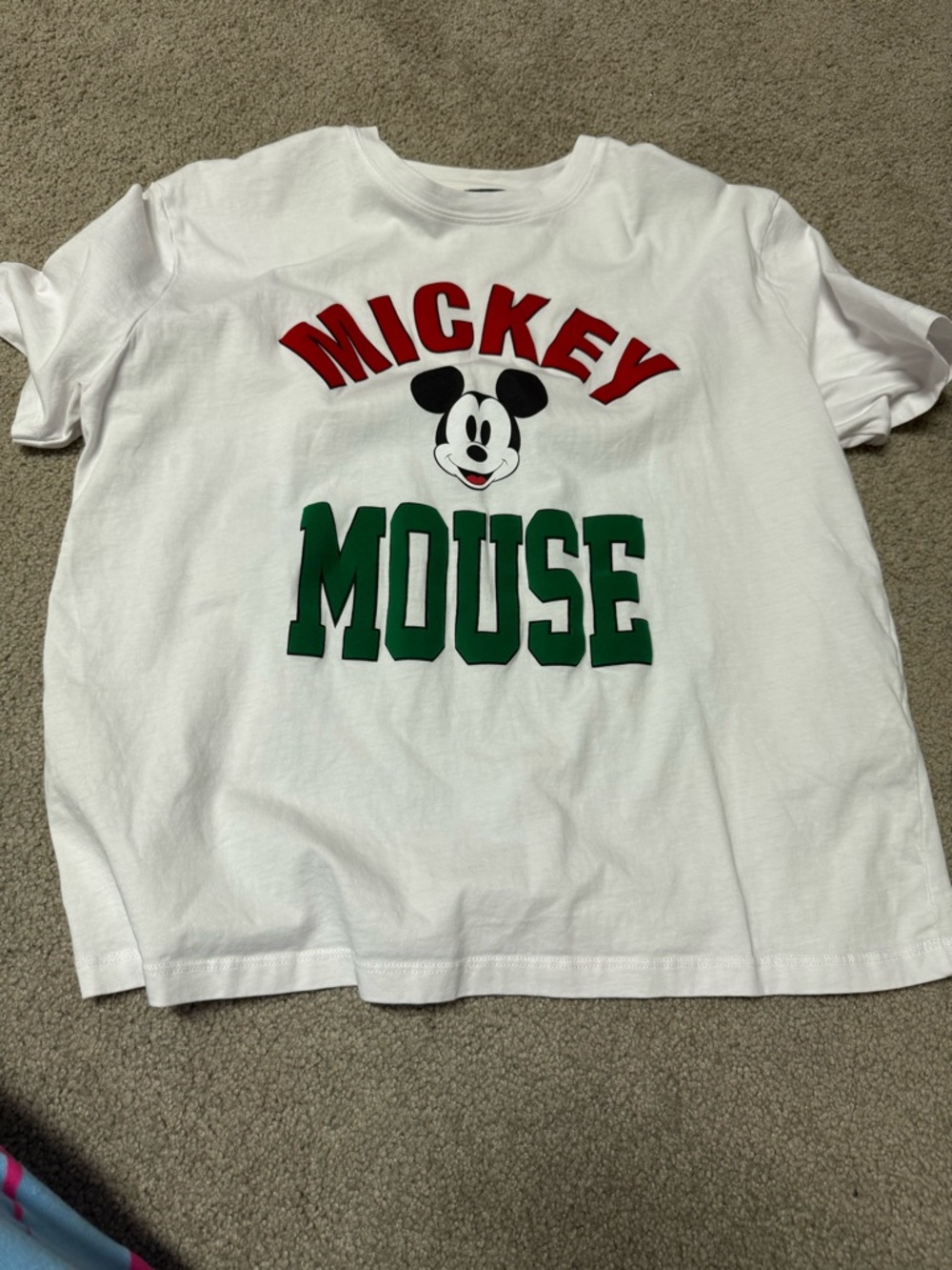 Zara White Tee with Red 'Mickey' and Green 'Mouse' Graphic
